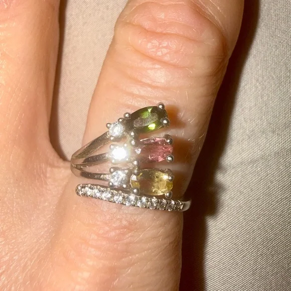 Natural Multi-Color Tourmaline Ring — Sterling Silver - Picture 1 of 6
